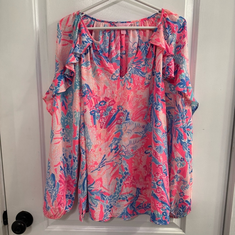 Lilly Pulitzer Elora Ruffle Sleeve Pascha Pink Aquadesiac Top Medium - Picture 1 of 8